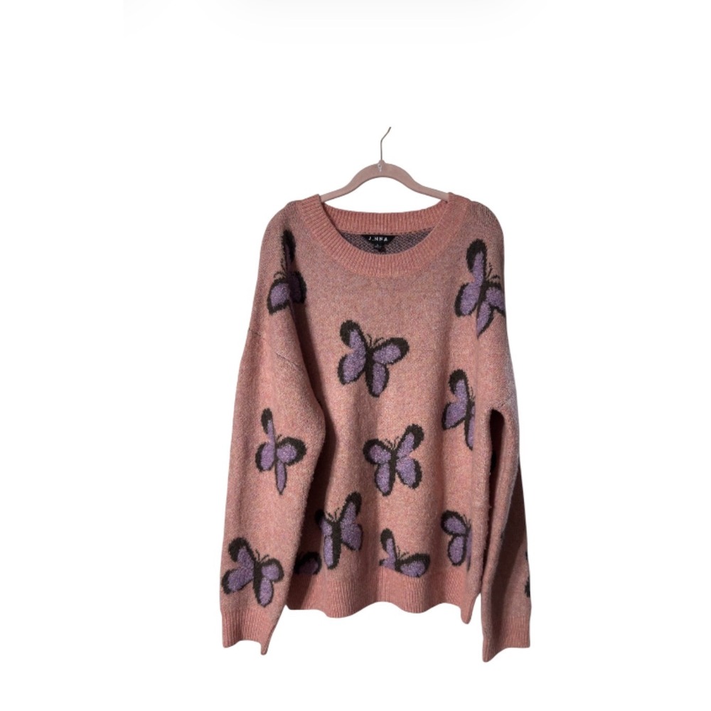 J.NNA Pink Butterfly Oversized Knit Sweater Crewneck Purple Size L